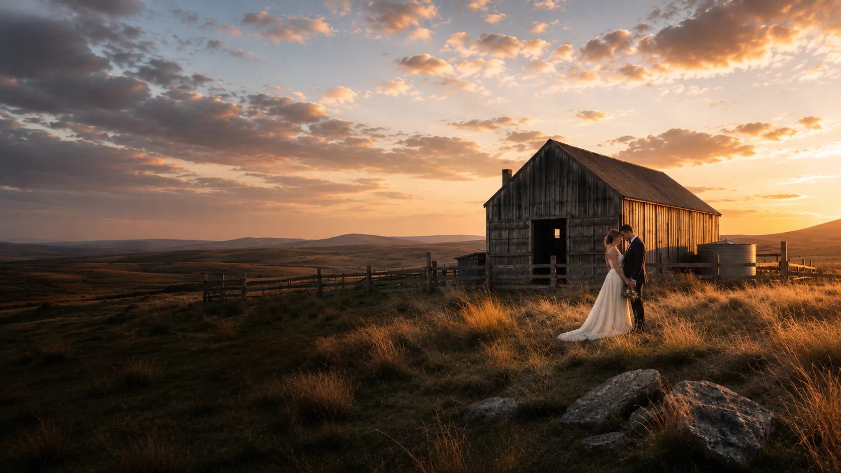 A bride and groom at golden hour beside a restored high-country woolshed on tussock farmland, New Zealand